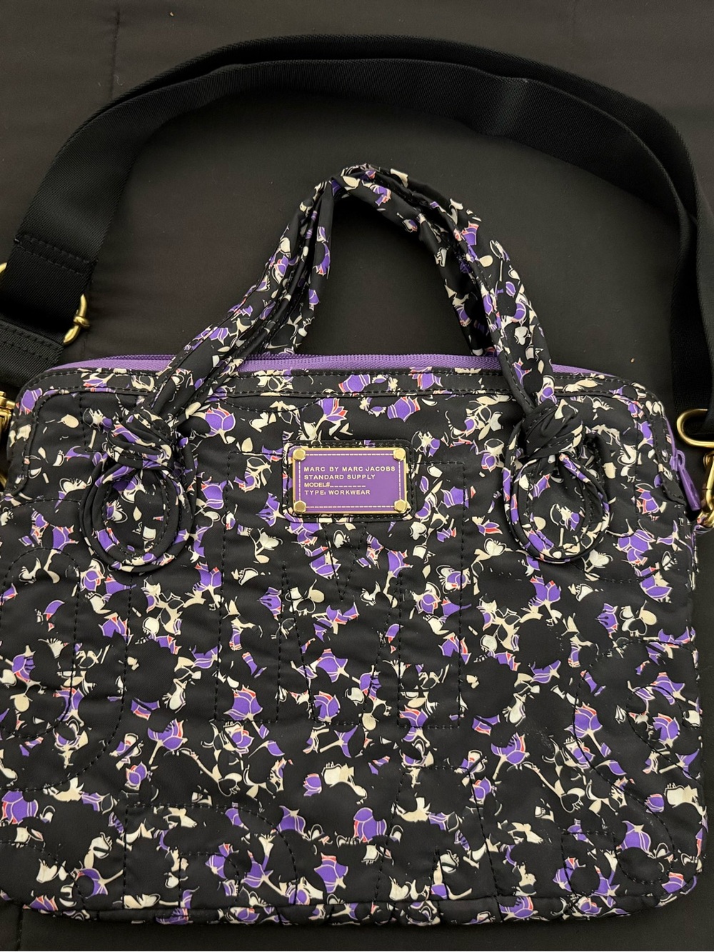 Marc by Marc Jacobs Black & Purple Quilted Floral 13” Laptop Bag